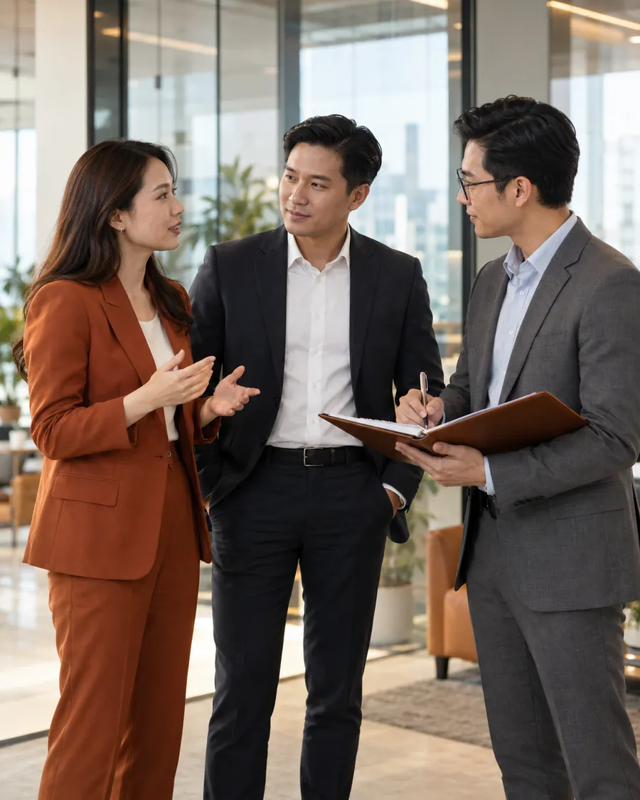 Three Vietnamese business professionals, one woman and two men, standing together in a corporate office; one holds a folder and takes notes during their conversation